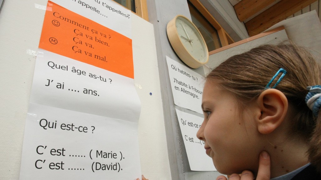 Eine Viertklässlerin Steht im Französischunterricht vor einem Plakat  (Foto: picture-alliance/ dpa | Patrick Seeger)