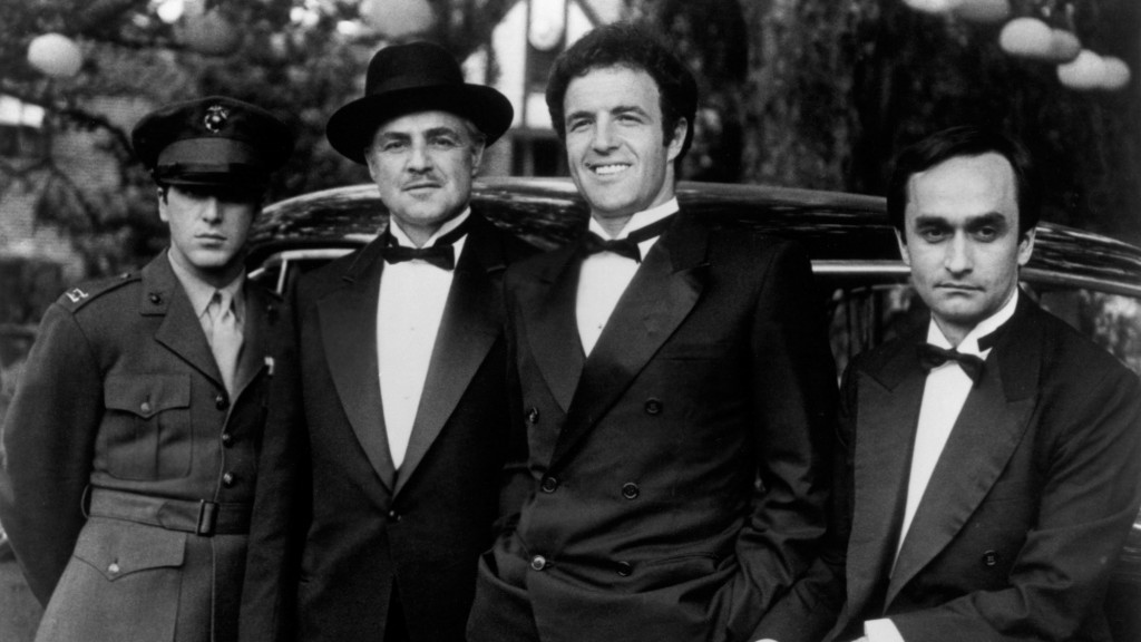 Al Pacino, Marlon Brando, James Caan und John Cazale am Rand der Dreharbeiten für 