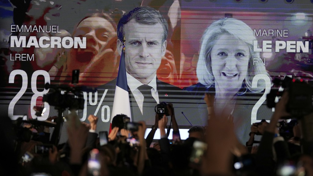 Ein Bildschirm zeigt den französischen Präsidenten Macron und die Kandidatin Le Pen am Abend des ersten Wahldurchgangs