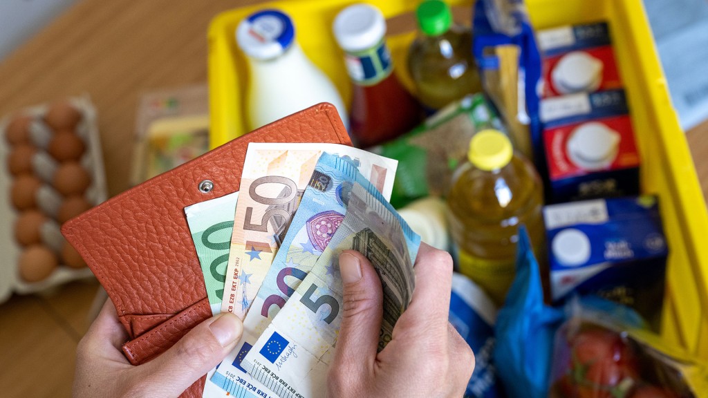 Illustration: Lebensmittel in einer Einkaufskiste hinter einer Hand mit Euro-Scheinen