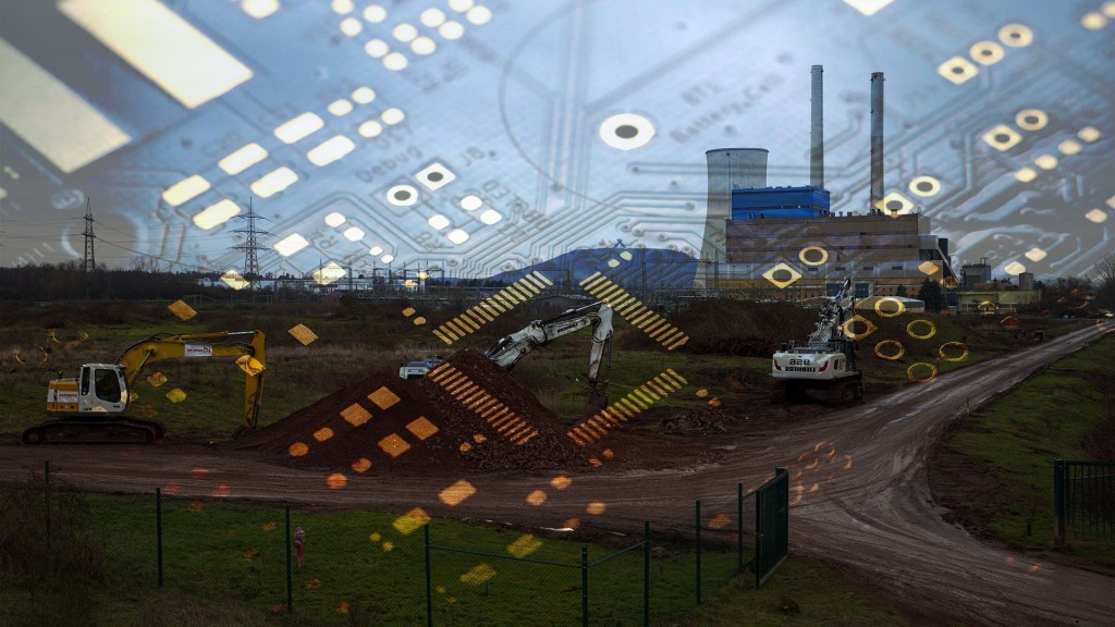 Foto: Eine Collage aus dem Gelände des ehemaligen Kohlekraftwerks in Ensdorf mit einer halbtransparenten Chipstruktur darüber.
