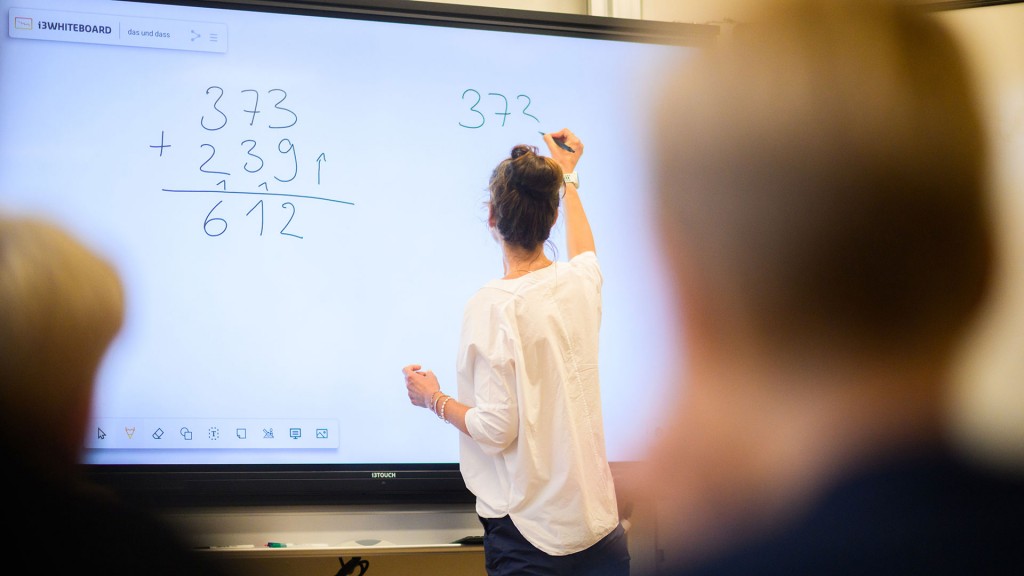 Eine Lehrerin schreibt eine Mathematikaufgabe auf eine digitale Schultafel im Klassenraum einer 4. Klasse
