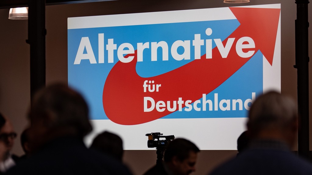 Der Schriftzg der Partei AfD wird auf eine Leinwand projiziert. 