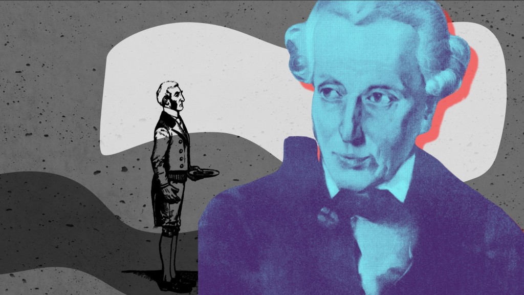 Das Gesicht von Immanuel Kant, davor steht klein sein Diener Martin Lampe