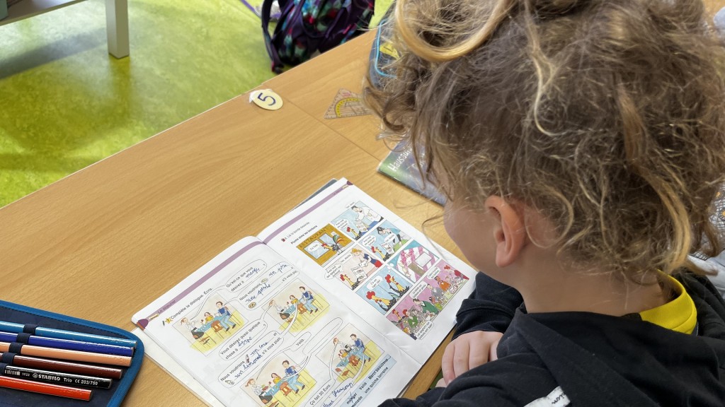 Foto: Ein Kind schaut sich im Unterricht ein Buch auf Französisch an.