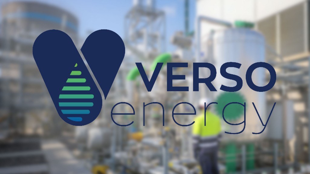 Das Logo des französischen Energieversorgers „Verso Energy“ auf einem verfremdeten Symbolbild einer Wasserstoffanlage