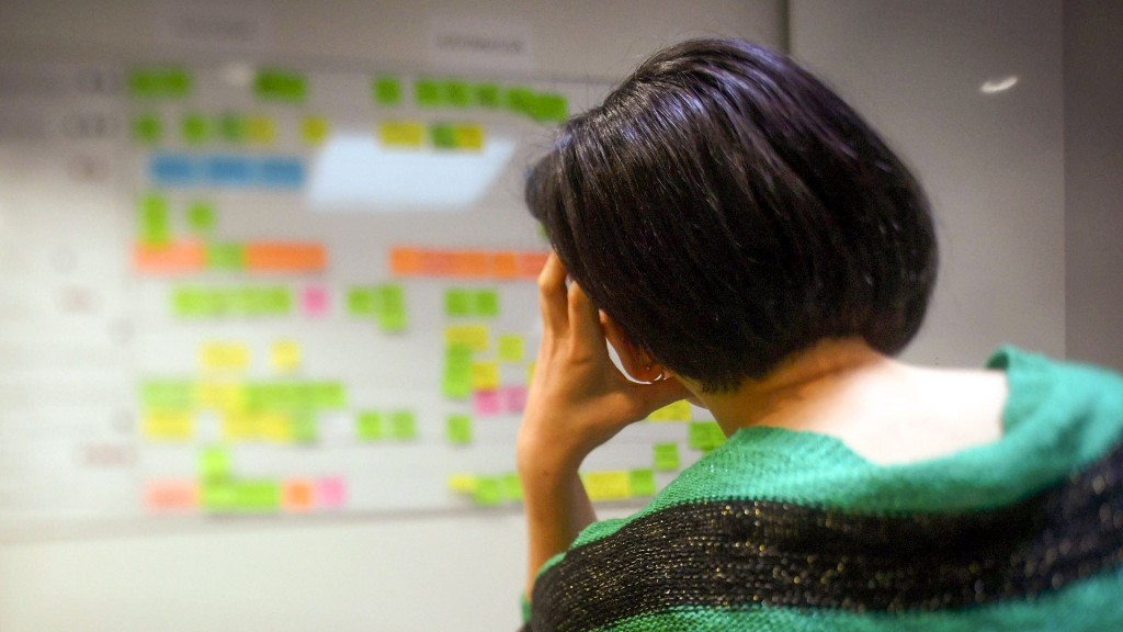 Eine sichtlich überforderte Büroangestellte vor einem großen Wandplaner