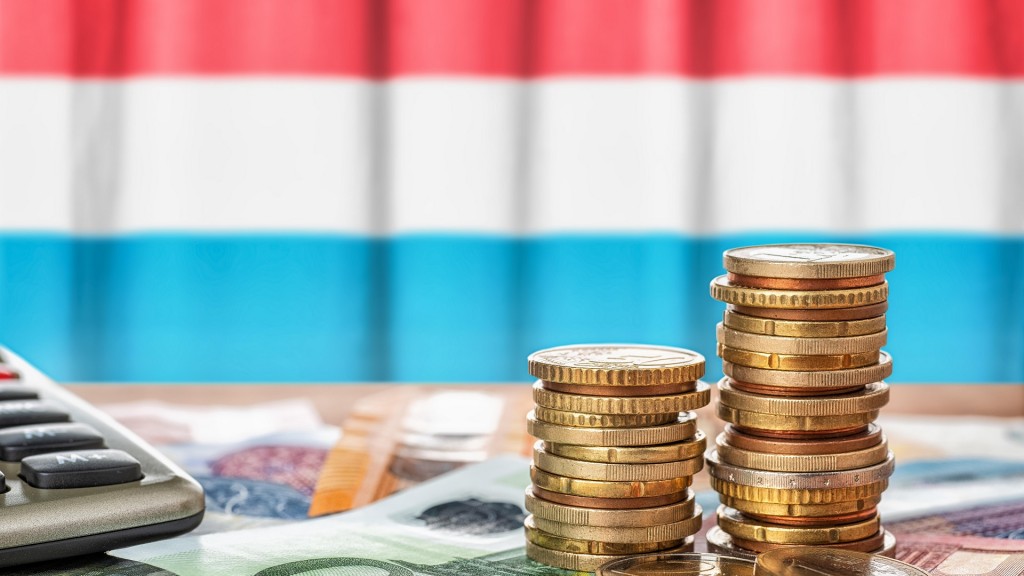 Geldscheine und Münzen vor der Nationalflagge von Luxemburg