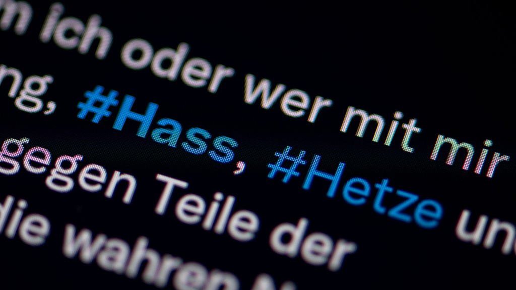 Auf dem Bildschirm eines Smartphones sieht man die Hashtags Hass und Hetze in einem Twitter-Post.