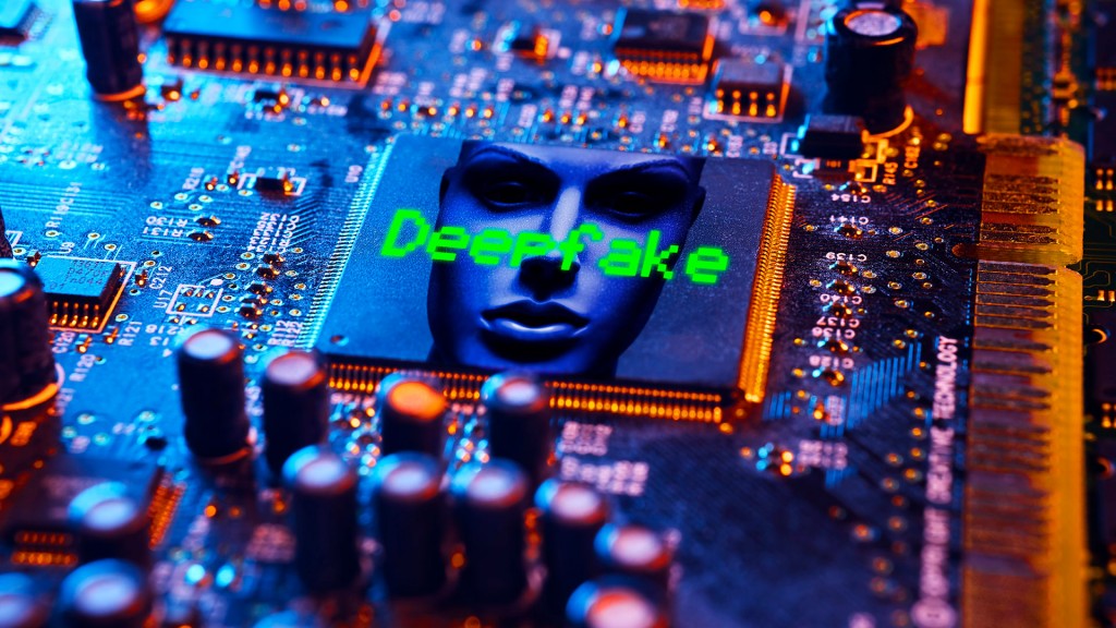 Symbolbild: „Deepfake“ und ein künstlich generiertes Gesicht sind auf eine Computerplatine projeziert