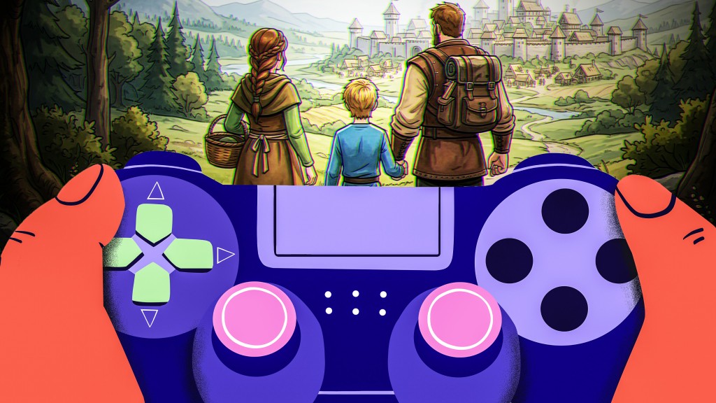 Zwei Hände halten einen Gamecontroller im Vordergrund. Im Hintergrund steht eine Familie vor einer mittelalterlichen Stadtlandschaft, als Teil einer Spielszene.