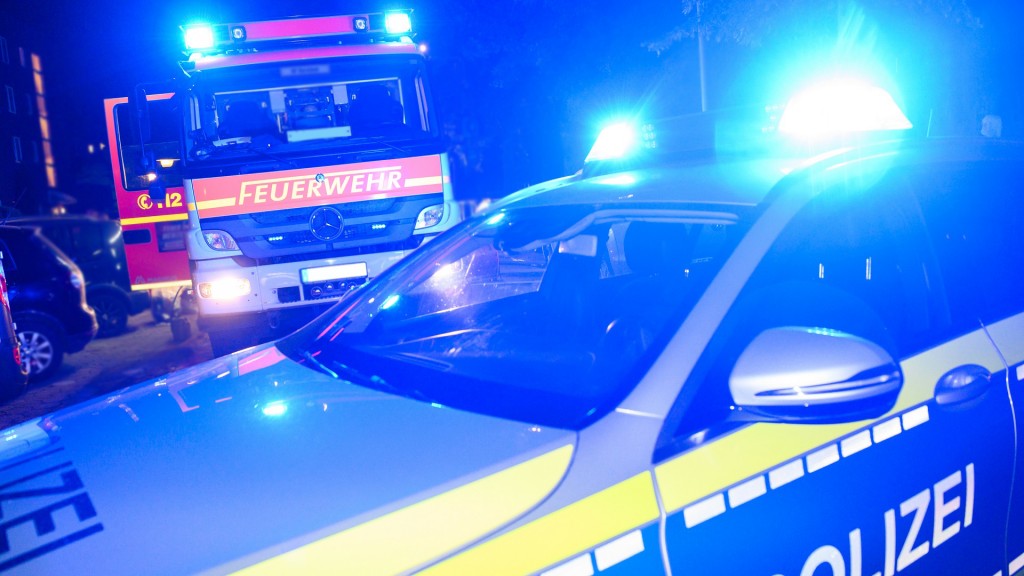 Ein Streifenwagen der Polizei und ein Löschfahrzeug der Feuerwehr stehen mit Blaulicht an einem Einsatzort.