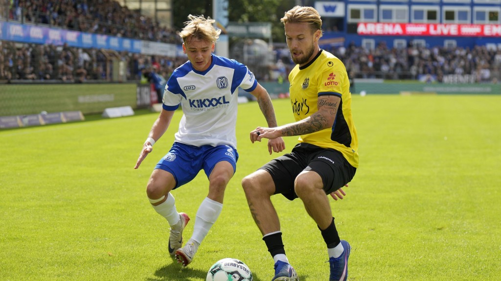 Foto: Dominique Domröse (SV Meppen 2) und Niko Bretschneider (1. FC Saarbrücken 28) auf dem Spielfeld.