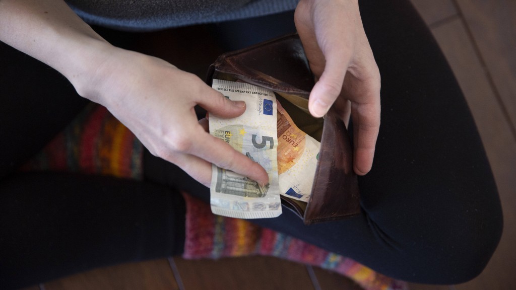 Junge Frau zählt die Scheine in ihrem Geldbeutel.