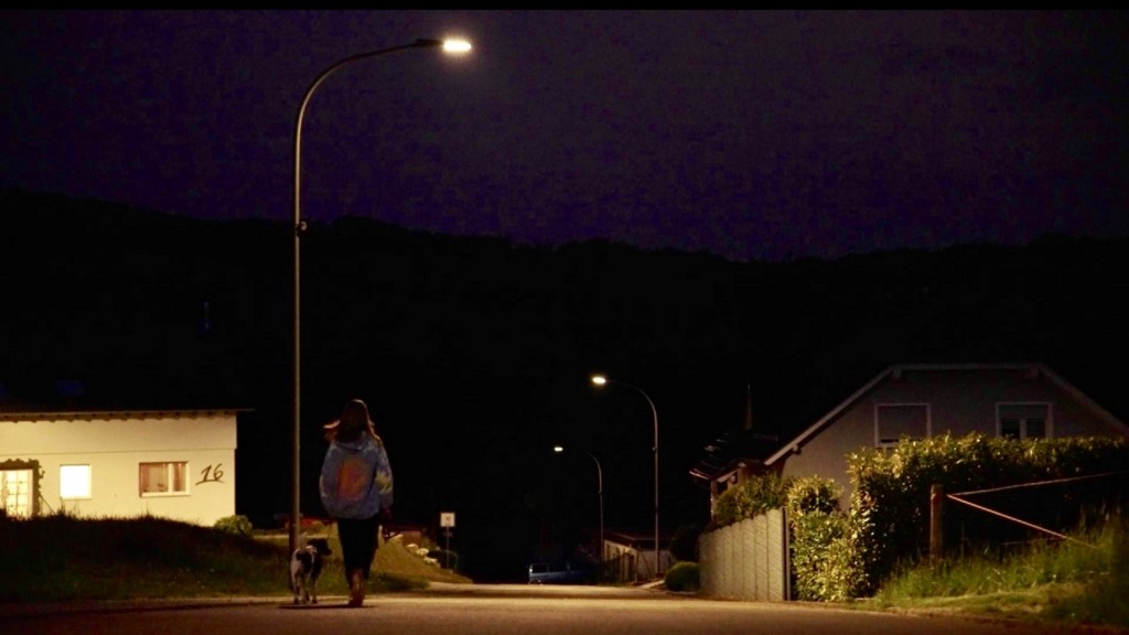 Foto: Eine Frau geht abends mit ihrem Hund spazieren
