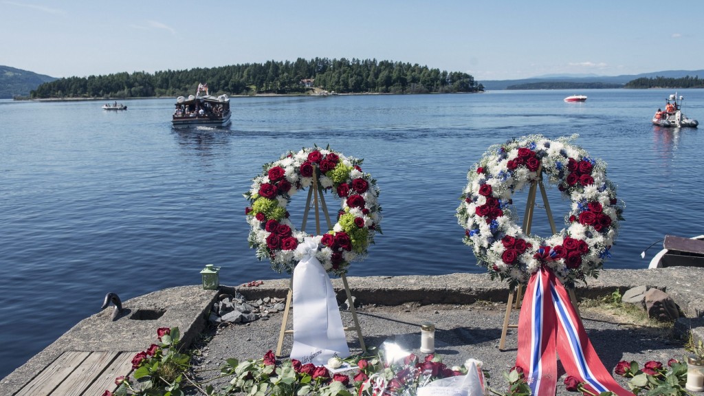 Archivbild: Trauerkränze am Steg vor der norwegischen Insel Ütoya: Hier fand am 22. Juli 201 das Massaker von Anders Behring Breivik statt (Foto: picture alliance / dpa | Aleksander Andersen)