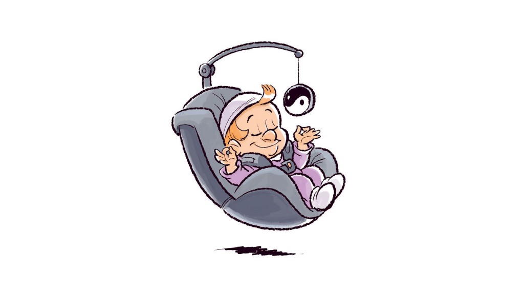 Zeichnung: schmunzelndes Kleinkind in einem Kindersitz (Grafik: Bernd Kissel/Lappan Verlag)
