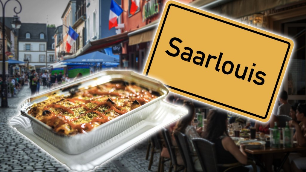 Collage: der beliebte Mitternachtssnack Rigatoni und das Ortsschild von Saarlouis vor einer Gasse.