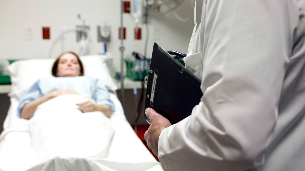 Eine Patientin im Krankenhausbett und davor medizinisches Personal mit Klemmbrett