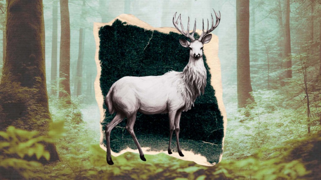 Eine Illustration eines weißen Hirschs vor einem Wald