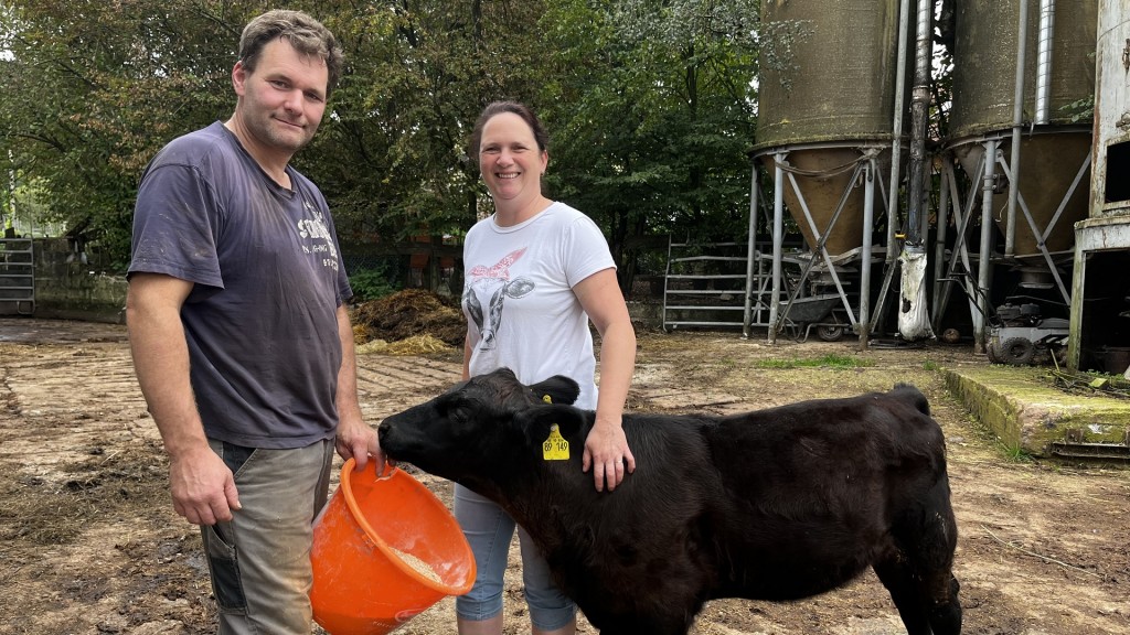 Familie Boßert mit einem Kalb des Angushofs