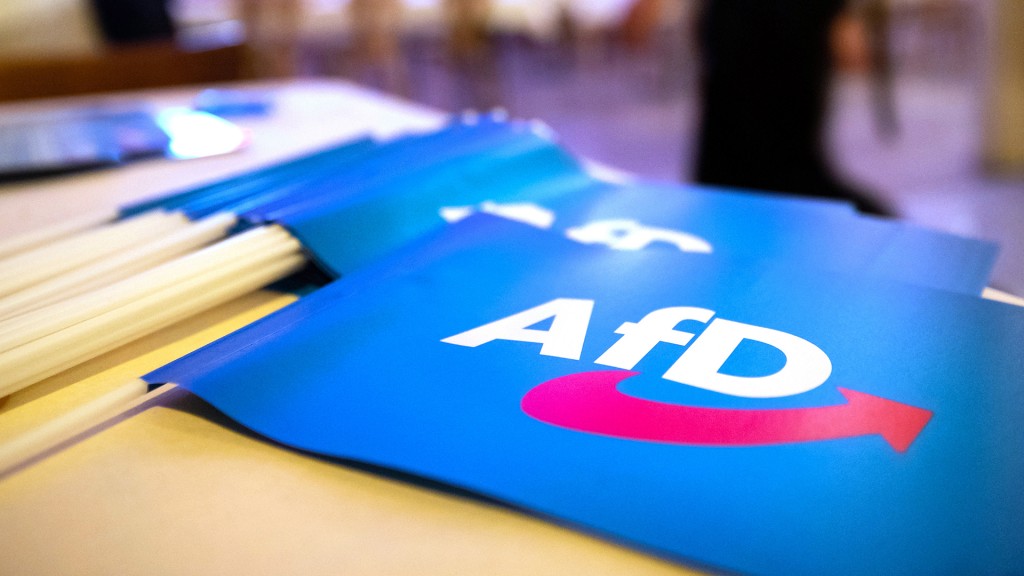 Fähnchen mit dem Logo der AfD liegen auf dem Tisch.