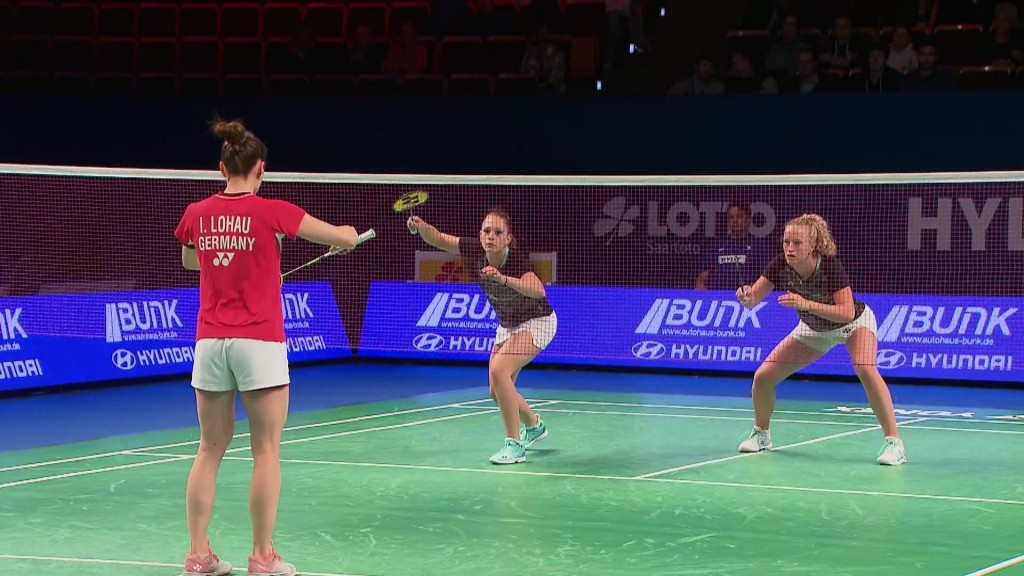 Foto: Isabel Lohau bei einem Aufschlag bei der Badminton-EM