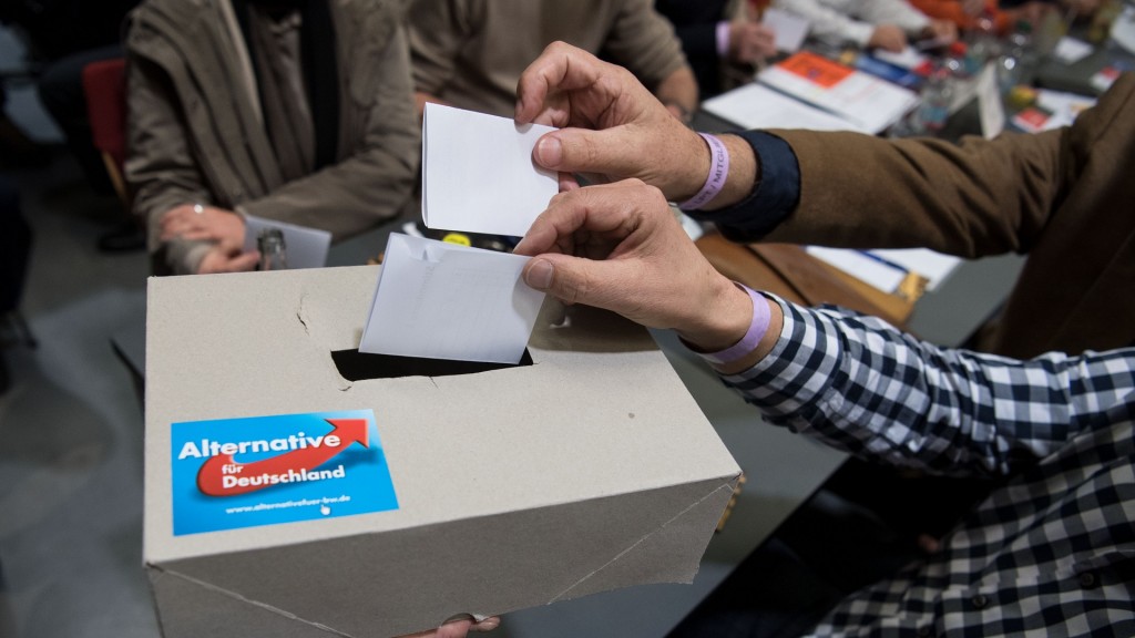 Personen werfen ihren Stimmzettel in eine Urne mit einem AfD-Schriftzug. 