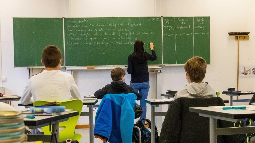 Lehrerin schreibt an eriner Tafel im Unterricht