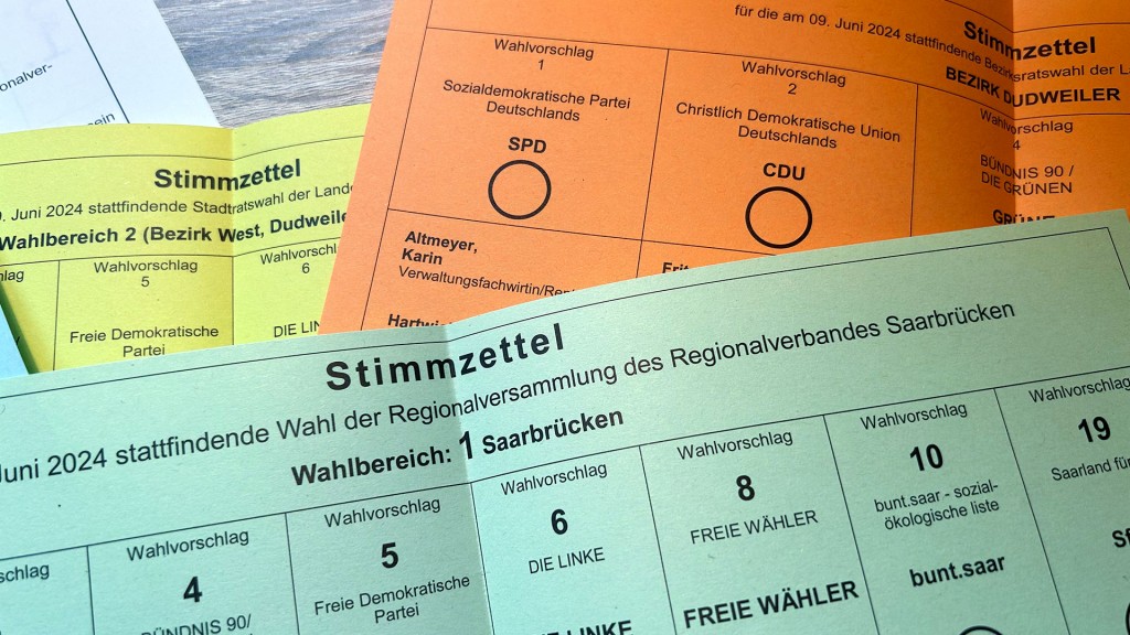 Stimmzettel und Briefwahl-Unterlagen für die Europa- und Kommunalwahlen 2024