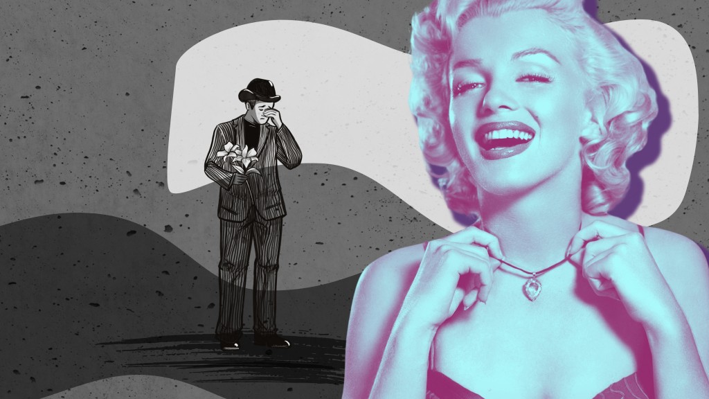 Marilyn Monroe, daneben die Illustration eines weinenden Mannes.