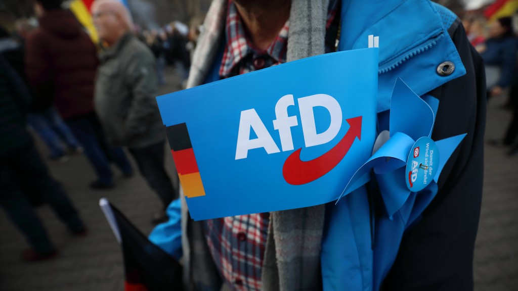 Eine Person hält eine AfD-Fahne in der Hand