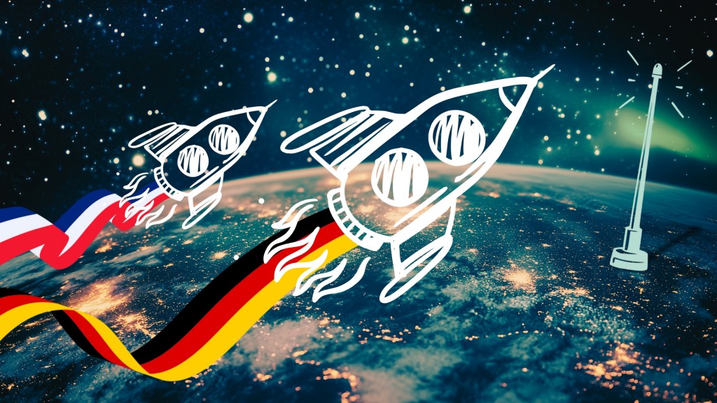 Zwei Raketen im Weltall, die jeweils die deutsche und die französische Flagge hinter sich herziehen. Sie fliegen über der Erdkugel, an der eine Radio-Antenne angebracht ist. 