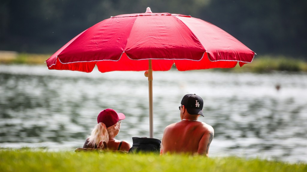Ein Mann und eine Frau liegen am Badesee unter einem Sonnenschirm im Schatten