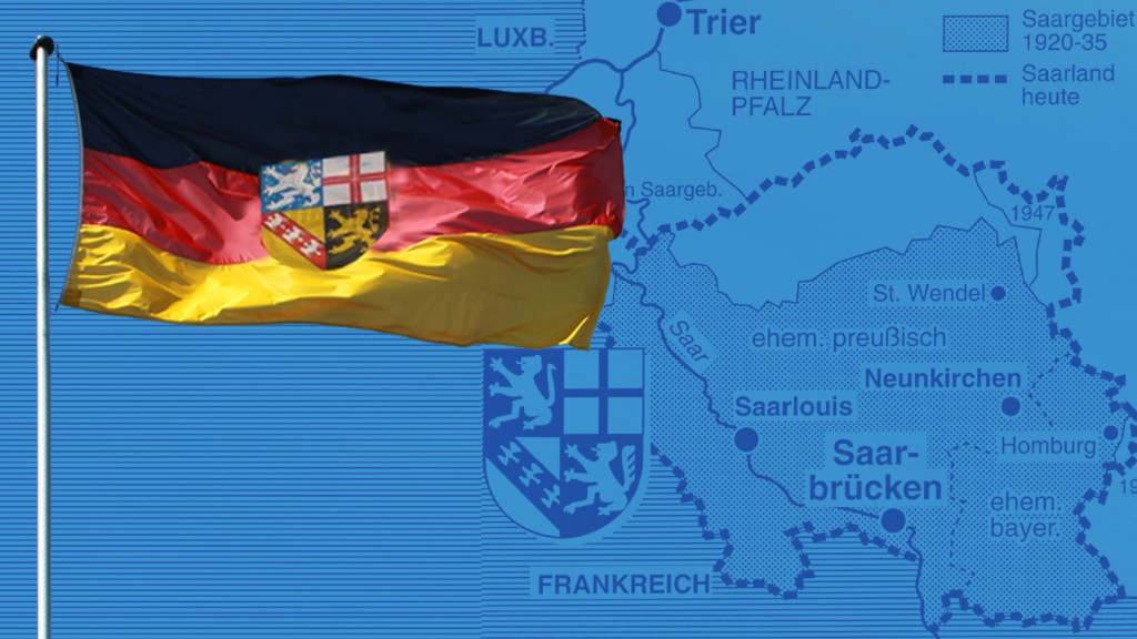 Saarland-Flagge mit einer Karte mit den Grenzen des früheren Saargebietes
