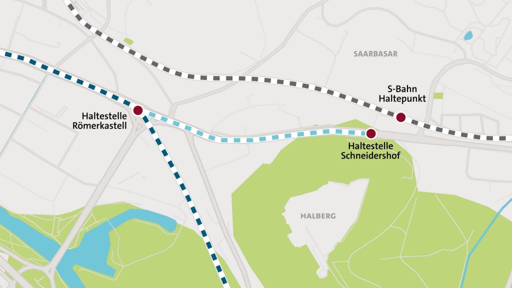 Foto: Straßenkarte der bisherigen Saarbahn-Strecke bis Römerkastell und des geplanten Ausbaus bis Schneidershof und einem neu geplanten S-Bahn-Halt
