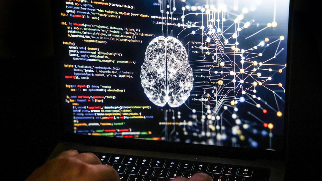 Foto: Eine Person arbeitet am Rechner, auf dessen Bildschirm ein durch Künstliche Intelligenz generiertes Illustrationsbild mit Code verschiedener Programmiersprachen und einem neuronalen Netzwerk-Diagramm zu sehen ist