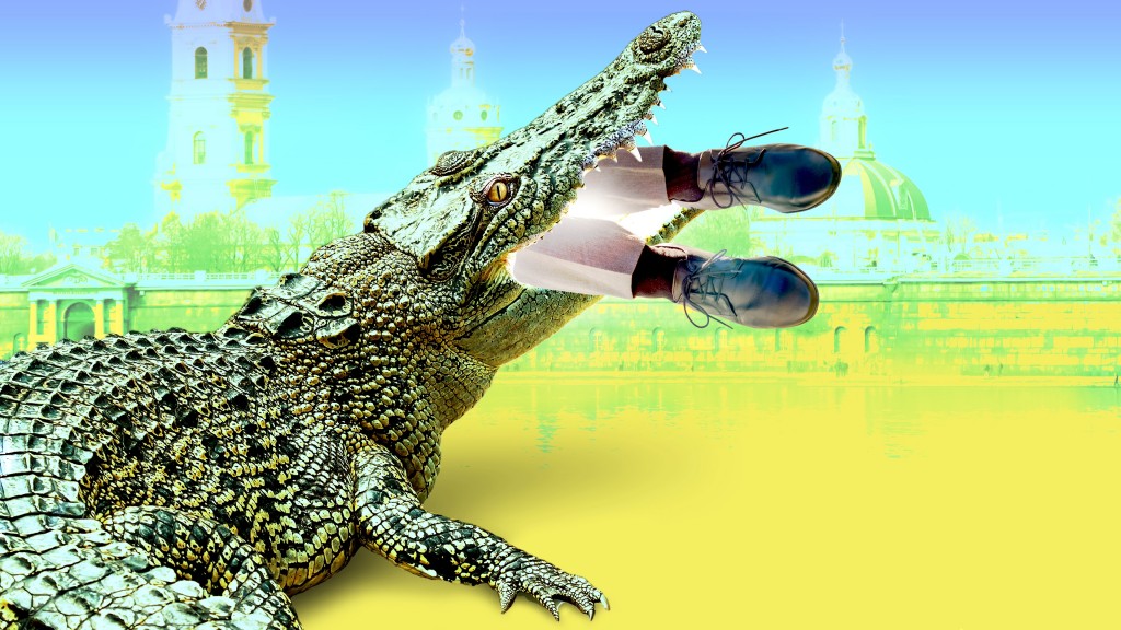 Das Bild zeigt ein Krokodil, das gerade dabei ist, einen ganzen Mann zu verschlucken. Es schauen nur noch die Knöchel und Füße mit Schuhen aus dem Maul. Im Hintergrund sieht man St. Petersburg. 