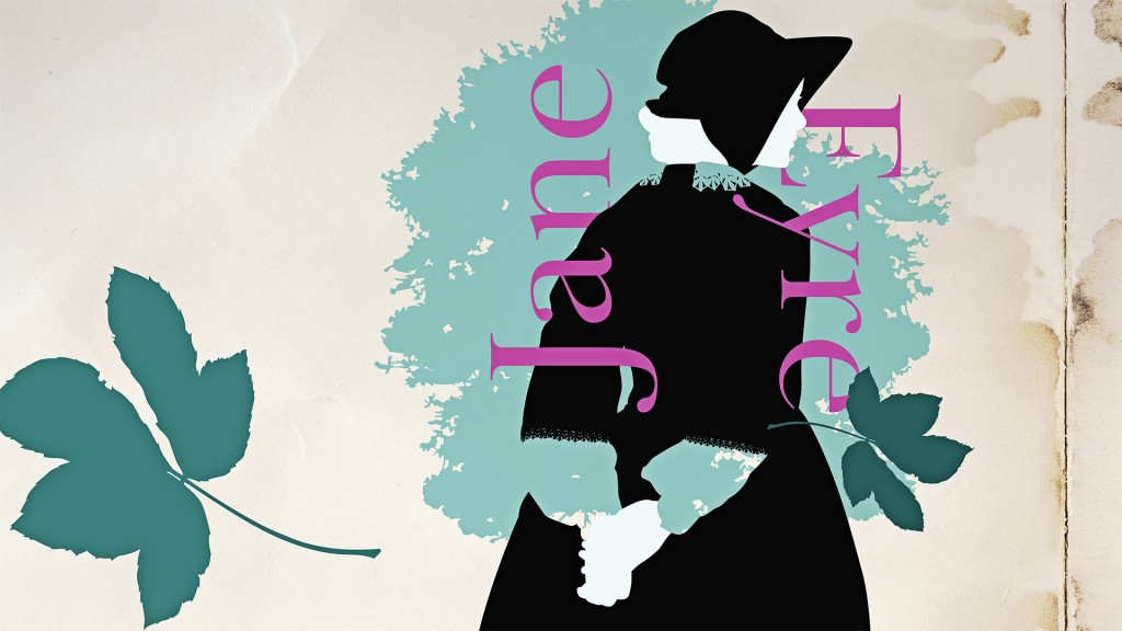 Die Silhouette einer jungen Frau mit Hut, vor einem Hintergrund mit Schnörkeln, davor der Schriftzug “Jane Eyre” 