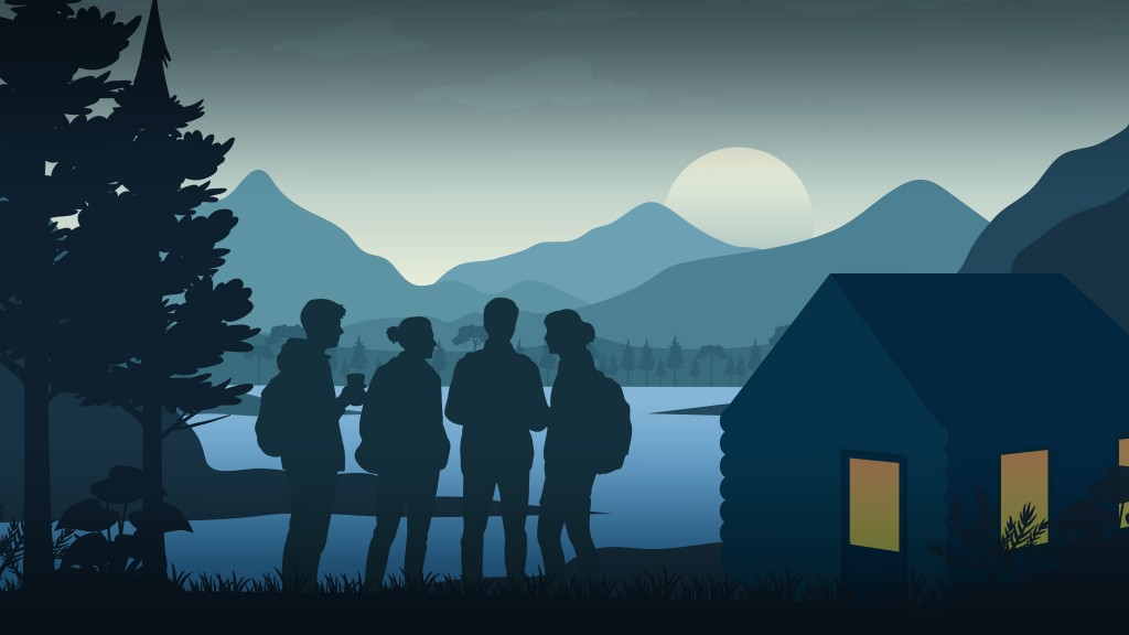 Vier Personen stehen als Silhouetten am Ufer eines Sees vor einer Blockhütte.