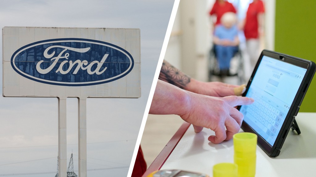 Fotocollage: Ford (Firmenschild), eine Pflegekraft dokumentiert ihre Arbeit am Laptop.