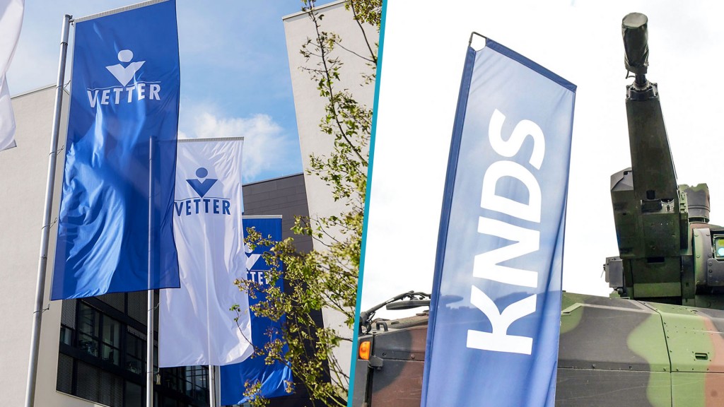 Bildcollage: Fahnen der Pharmafirma Vetter und des Rüstungsunternehmens KNDS