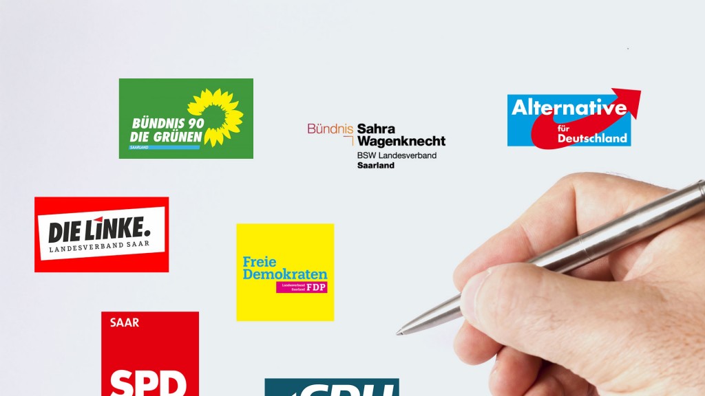 Symbolbild: Eine Hand mit Kugelschreiber neben den Logos der im Saarland vertrenen Parteien
