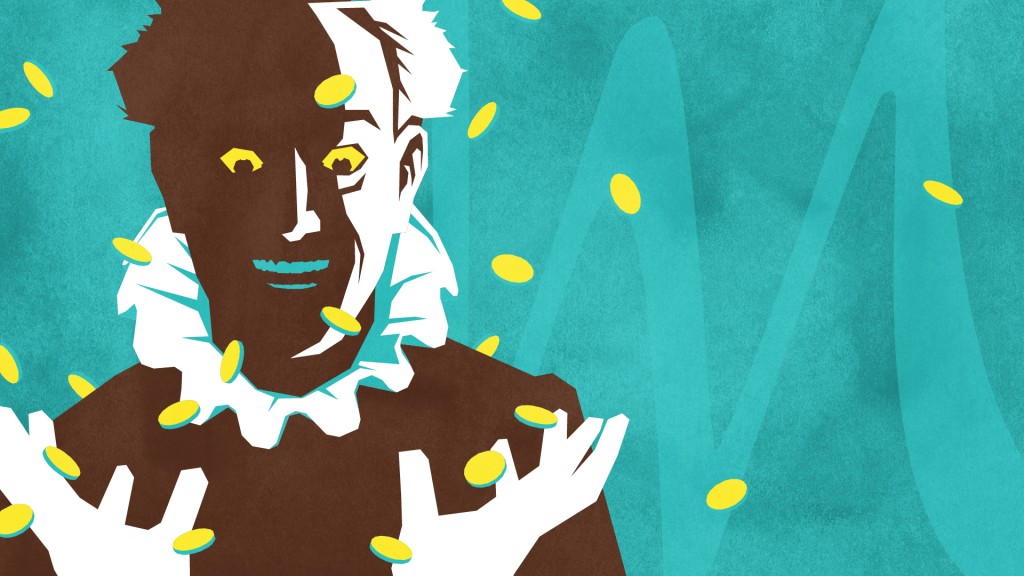 Das Bild zeigt eine reduzierte Darstellung eines Mannes, der gierig, freudig auf vor ihn   fallende Münzen starrt.    