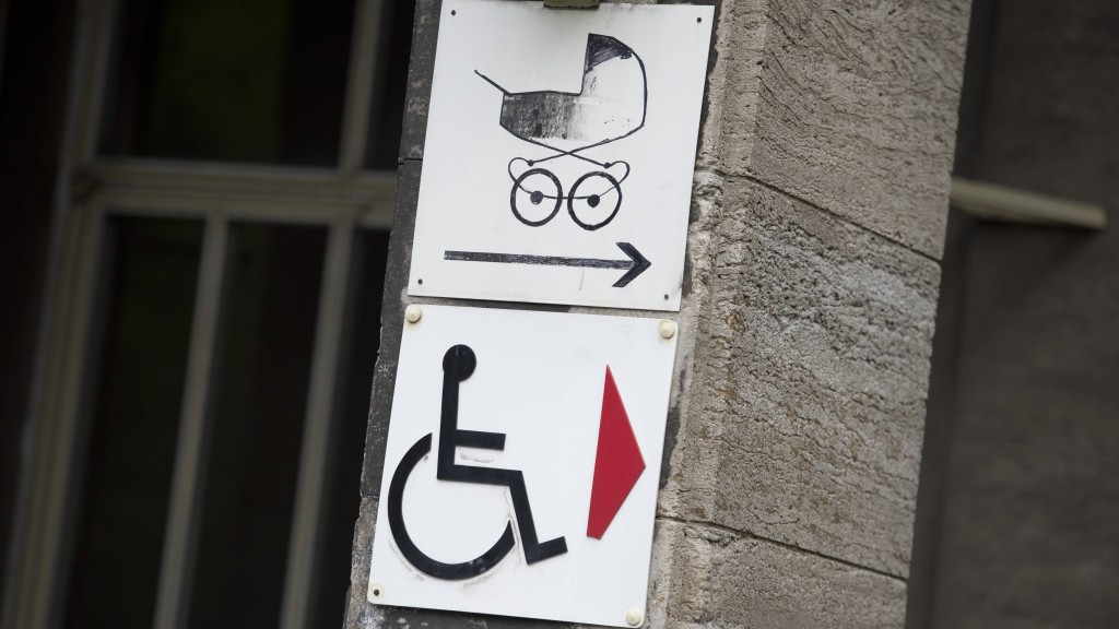 Foto: Schild weist auf den barrierefreien Eingang fuer Rollstuhlfahrer und Kinderwagen hin