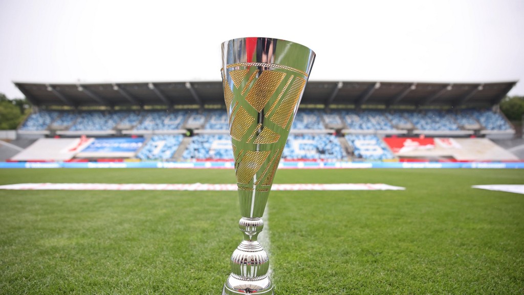 Saarlandpokal, Trophäe steht auf dem Rasen im Stadion