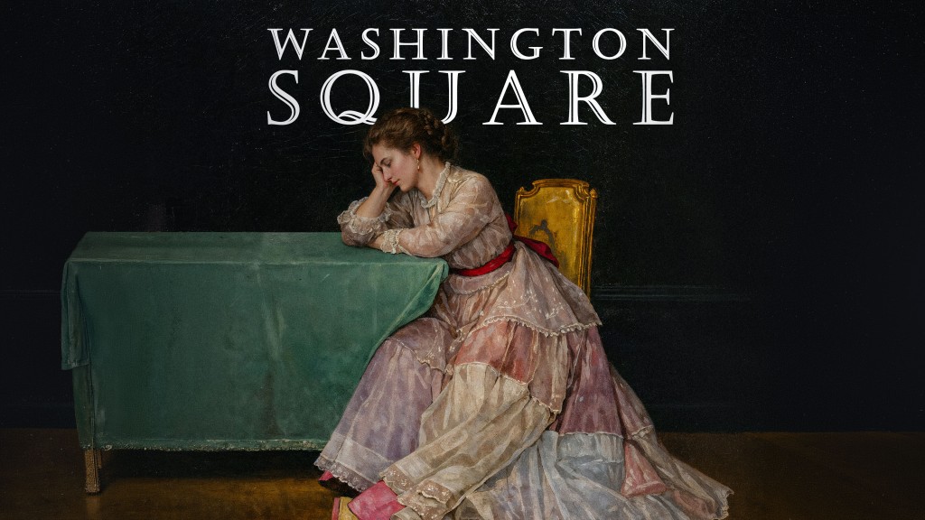 Das Gemälde einer jungen Frau in historischem Kleid, die erschöpft mit dem Kopf auf einem Tisch ruht; sie sitzt auf einem goldenen Stuhl vor dunklem Hintergrund. Der Titel lautet „Washington Square“.