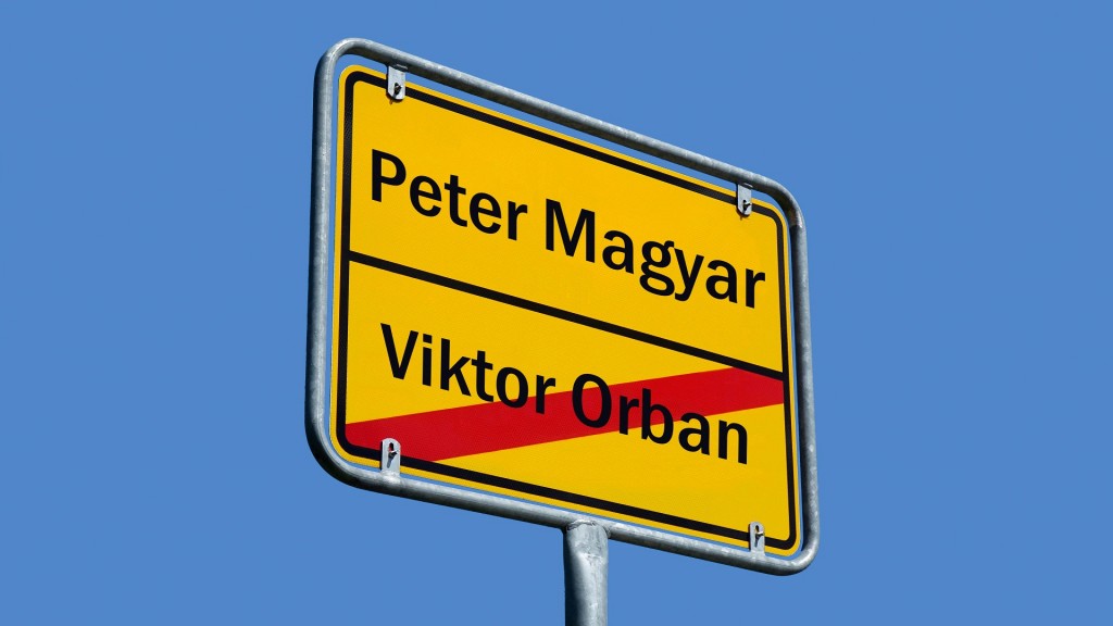 Fotomontage Ortsschild mit Schriftzügen Peter Magyar und Viktor Orban 