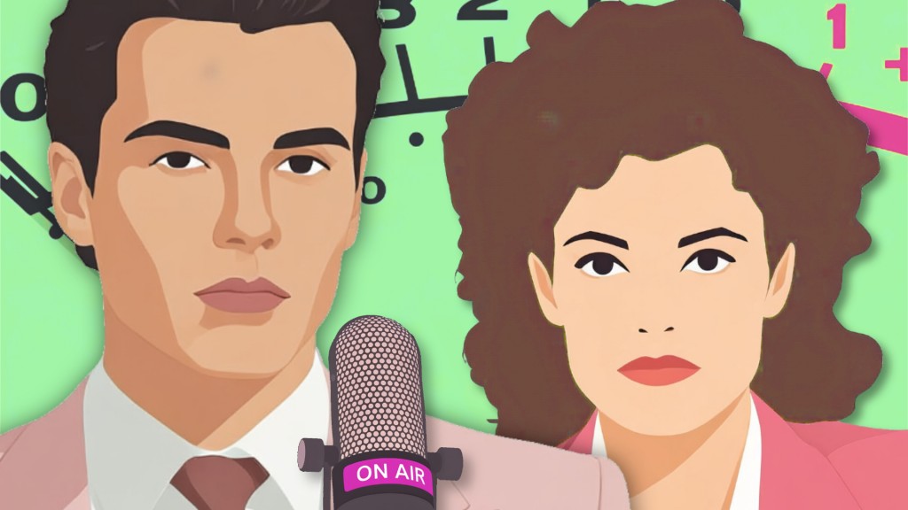 Zwei Radiomoderatoren, ein Mann und eine Frau, stehen vor einem Mikrofon und blicken ernst in die Kamera.