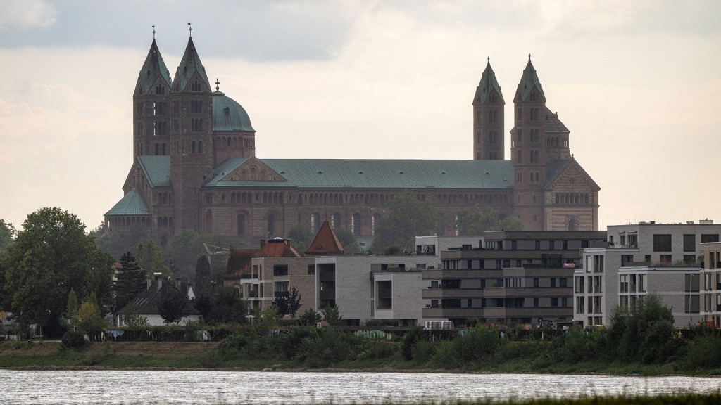 Speyrer Dom hinter modernen Wohngebäuden, im Vordergrund fließt der Rhein